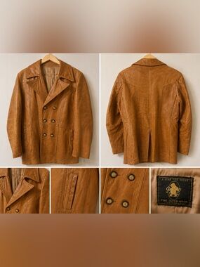unisex Tan Leather Double-Breasted Pea Coat - Timeless Outerwear